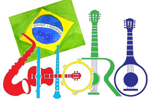 celebration of Choro graphic with instruments and Brazilian flag